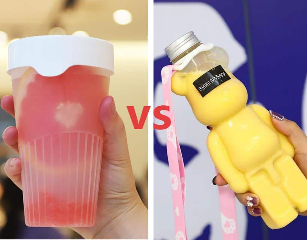 A Side-By-Side Comparison: On The Left, A Plain Plastic Cup With A Lid; On The Right, A Lineup Of Custom Pet Bottles In Various Unique Shapes.