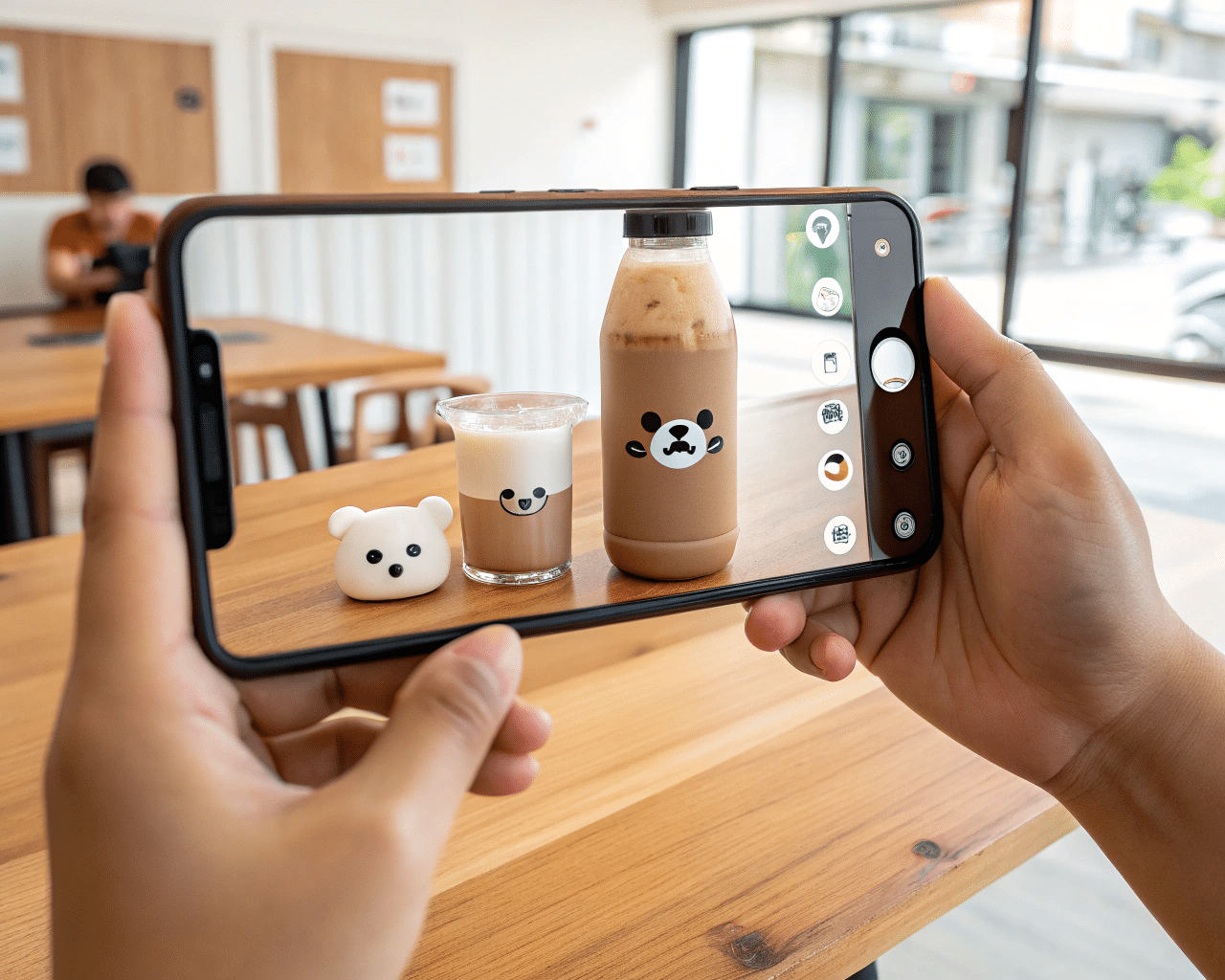 A Girl Taking A Photo Of Her Bear-Shaped Milk Tea Bottle To Post On Social Media.