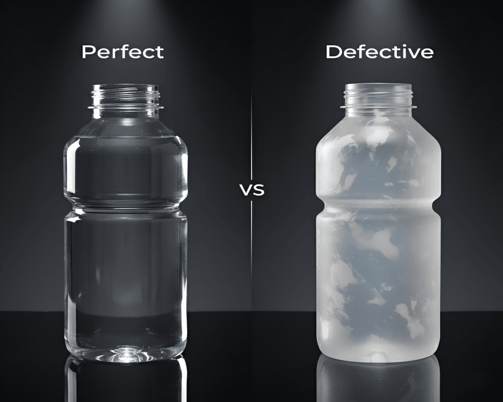 An Image Showing A Perfect Clear Tritan Bottle Next To A Hazy, White, Defective Bottle