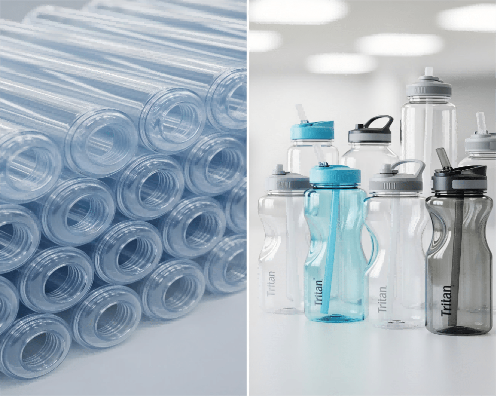 A Split Image Showing A Pile Of Preforms On One Side And Finished Bottles On The Other