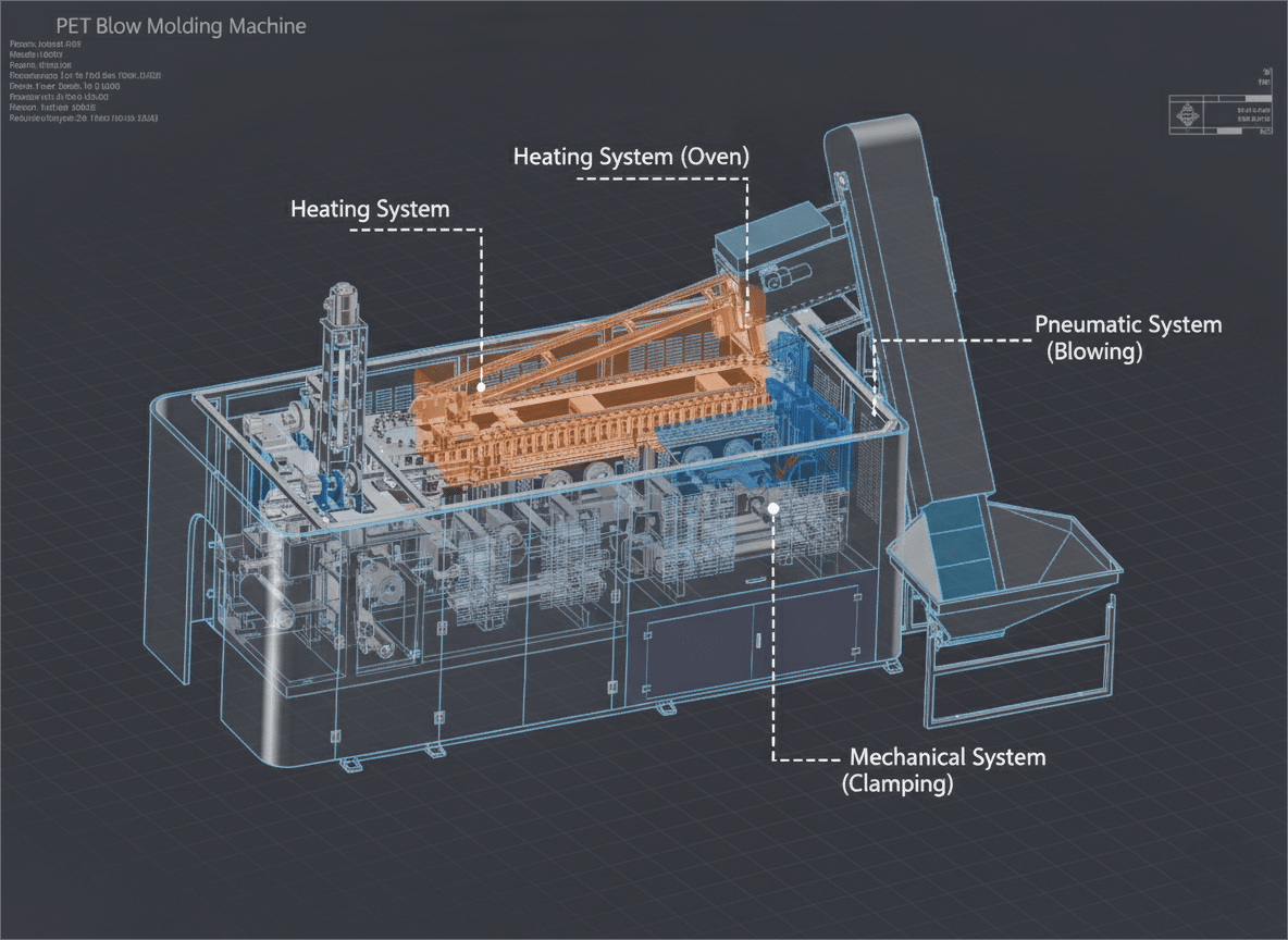 Diagram Showing The Three Core Systems Of A Blow Molding Machine: Heating, Pneumatics, Mechanical