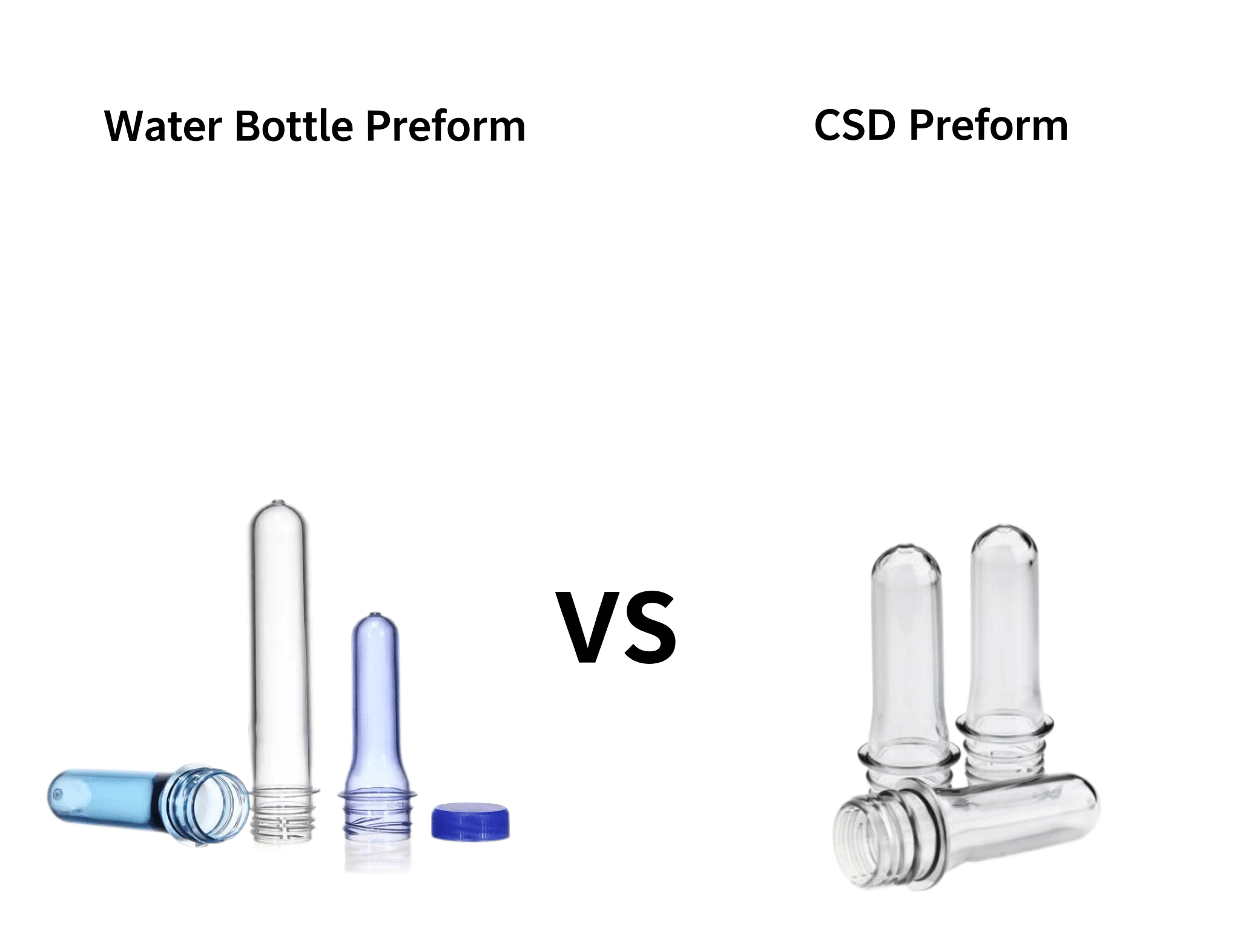 A Collection Of Pet Preforms For Csd And Water Bottles, Showing Size Differences