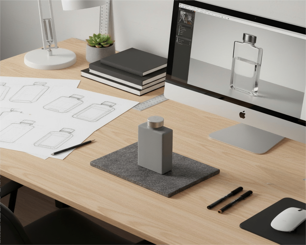 A Designer'S Desk Showing Sketches, A Clay Model, And A 3D Render Of A Flat Bottle.