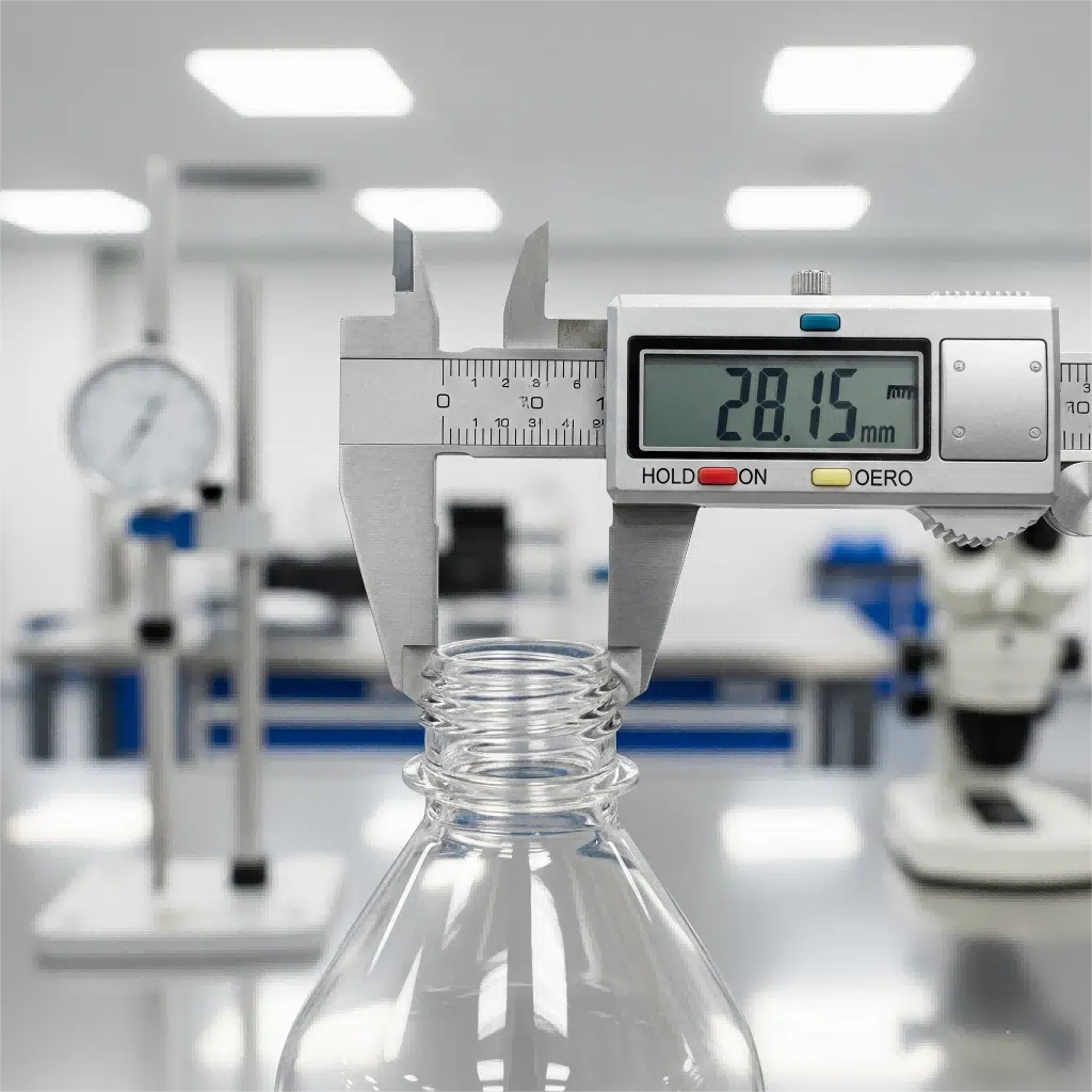 Close-Up Of A Caliper Measuring A Bottle Neck Finish