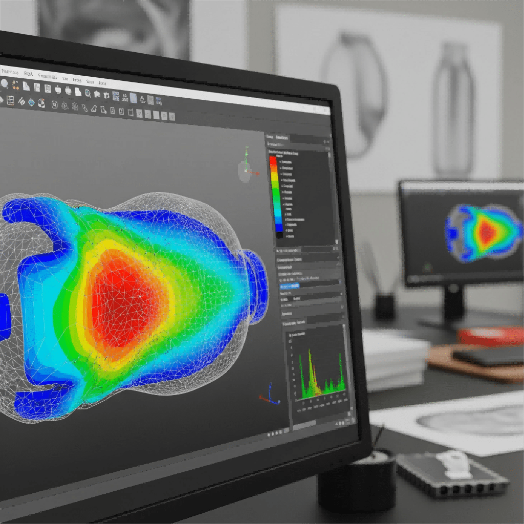 A 3D Rendering Of A Lightweight Pet Water Bottle Design Being Analyzed On A Computer Screen
