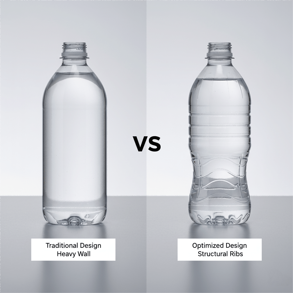Comparison Infographic Showing A Heavy, Simple Bottle Versus A Lightweight, Geometrically Complex Bottle
