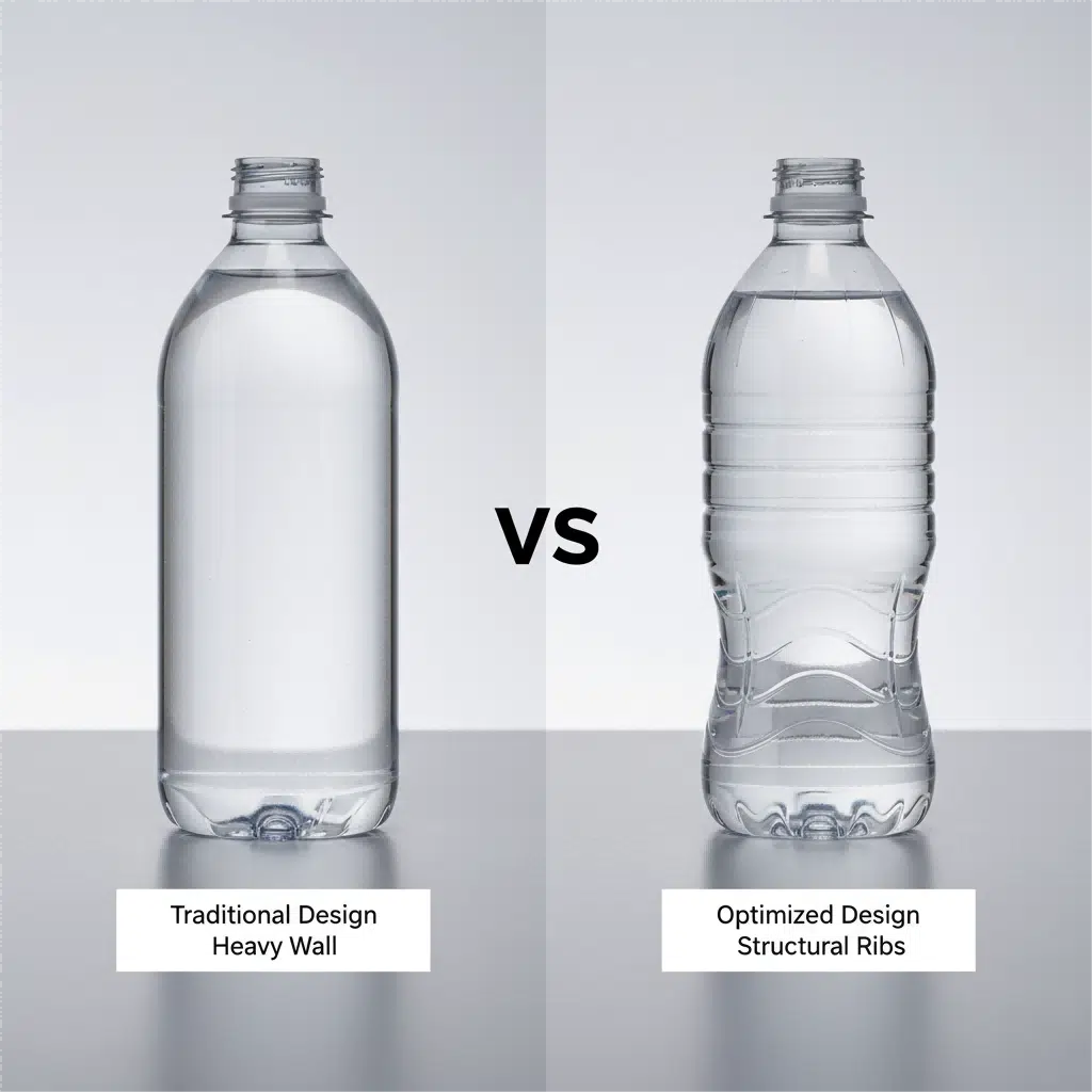 Comparison Infographic Showing A Heavy, Simple Bottle Versus A Lightweight, Geometrically Complex Bottle