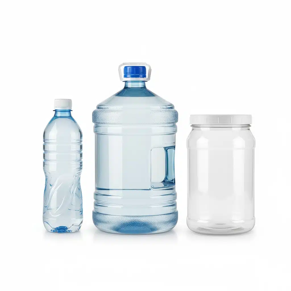 Three Different Bottles: A Standard Water Bottle, A 5-Liter Large Bottle, And A 120Mm Wide-Mouth Jar