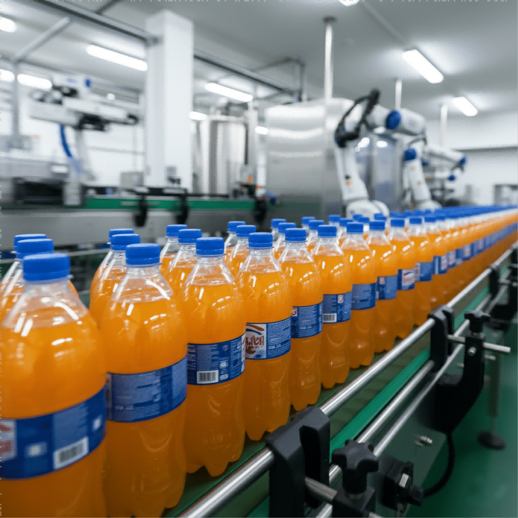 An Image Of Soda Bottles Moving Along A High-Speed Conveyor Belt In A Bottling Plant.