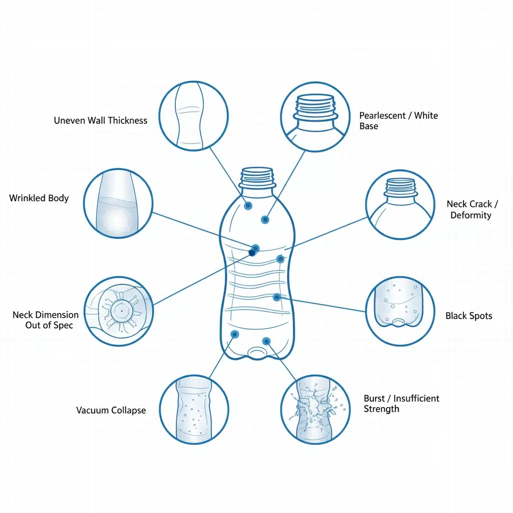 An Illustrated Chart Showing The 10 Common Bottle Defects With Arrows Pointing To Their Location On A Bottle.