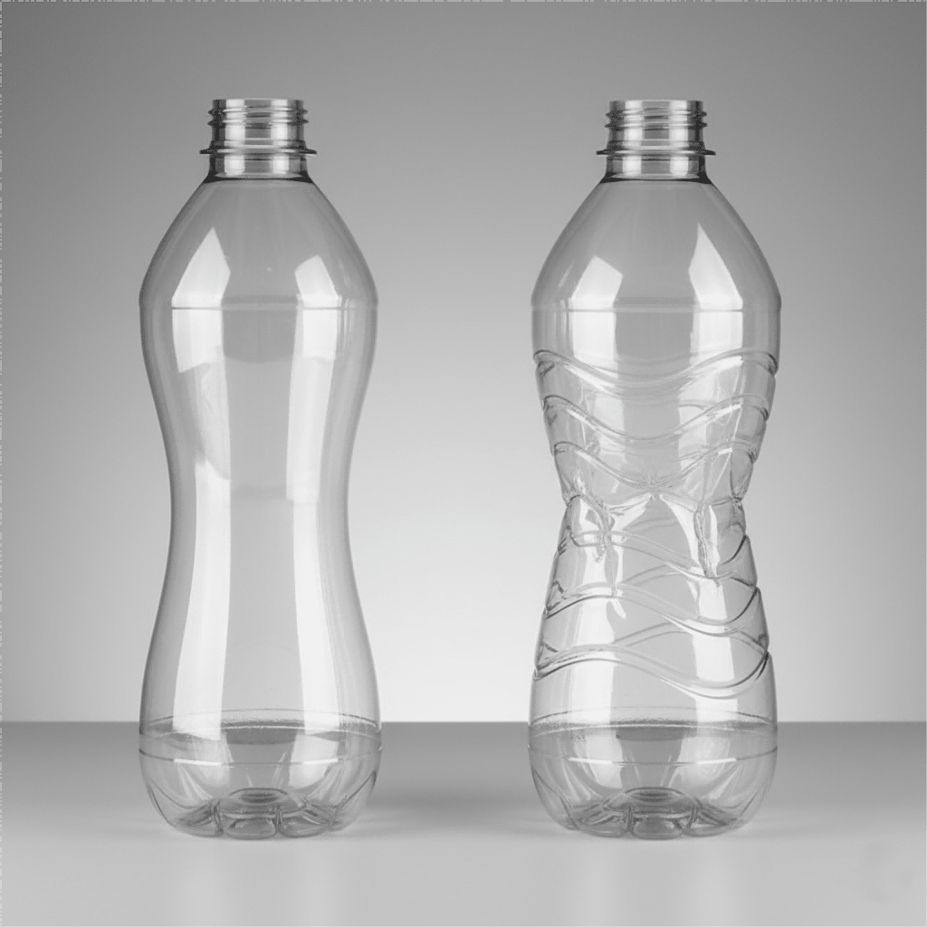 A Side-By-Side Comparison Showing A Bottle With Uneven Wall Thickness And Another With Wrinkles On Its Body.