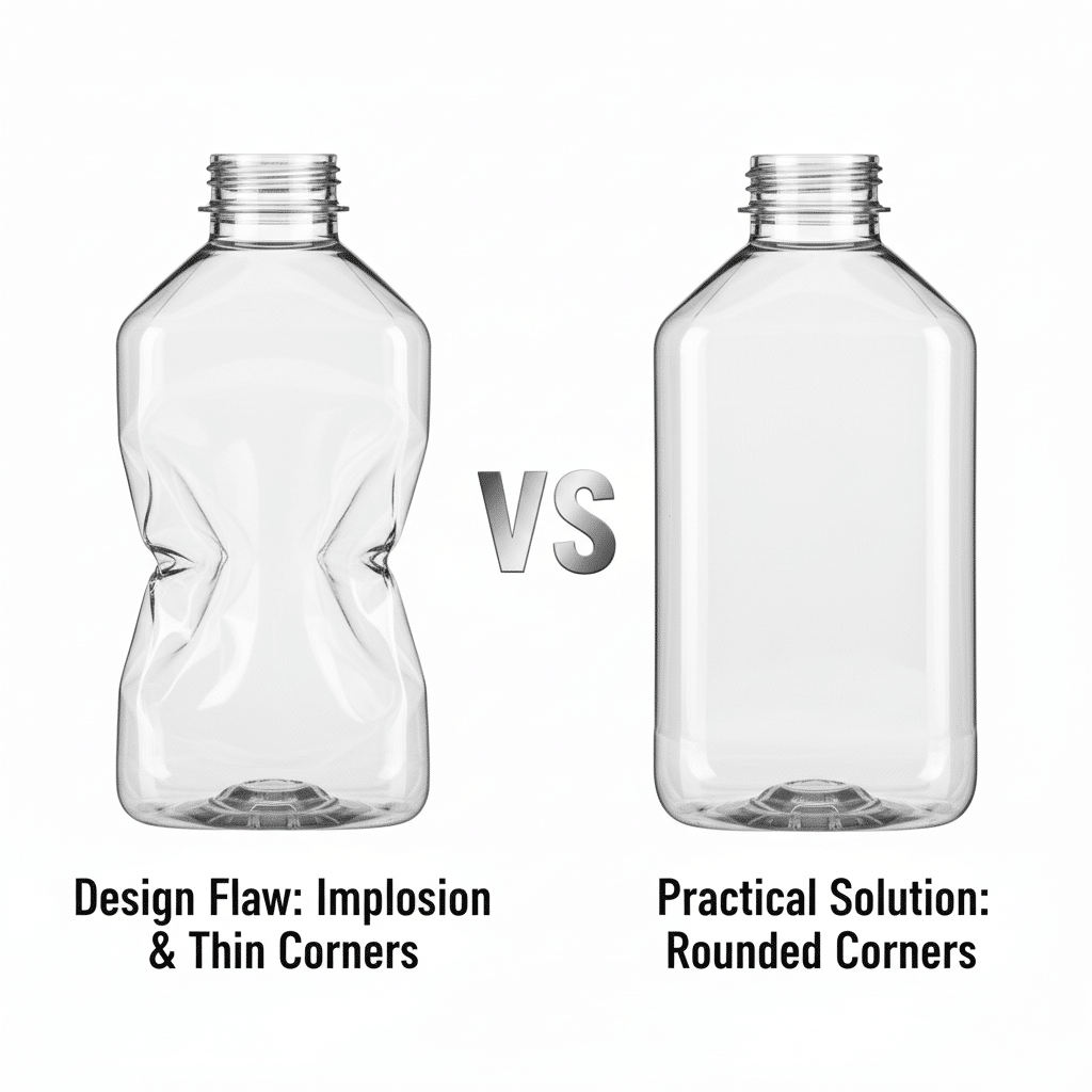 A Defective Square Bottle Next To A Well-Designed Rounded-Corner Bottle