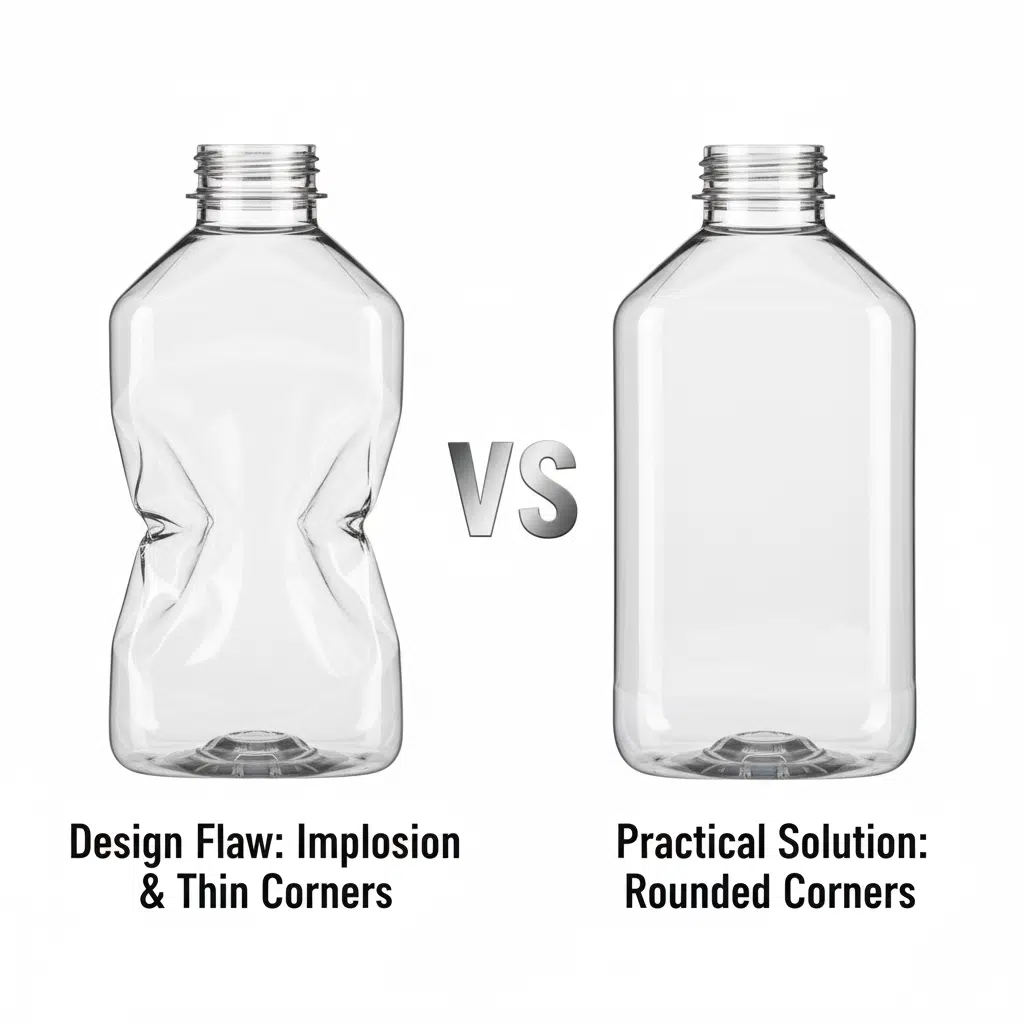 A Defective Square Bottle Next To A Well-Designed Rounded-Corner Bottle
