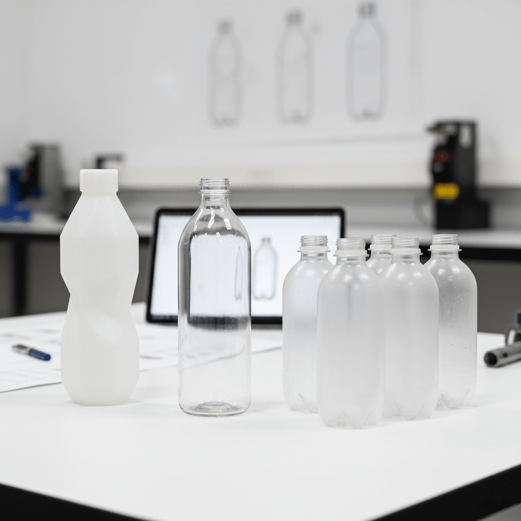 A Collection Of Different Bottle Prototypes On A Workbench.