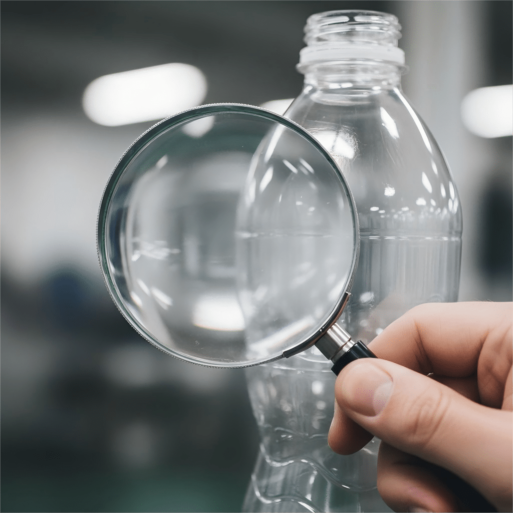 A Perfect, Clear Plastic Bottle Being Inspected With A Magnifying Glass.