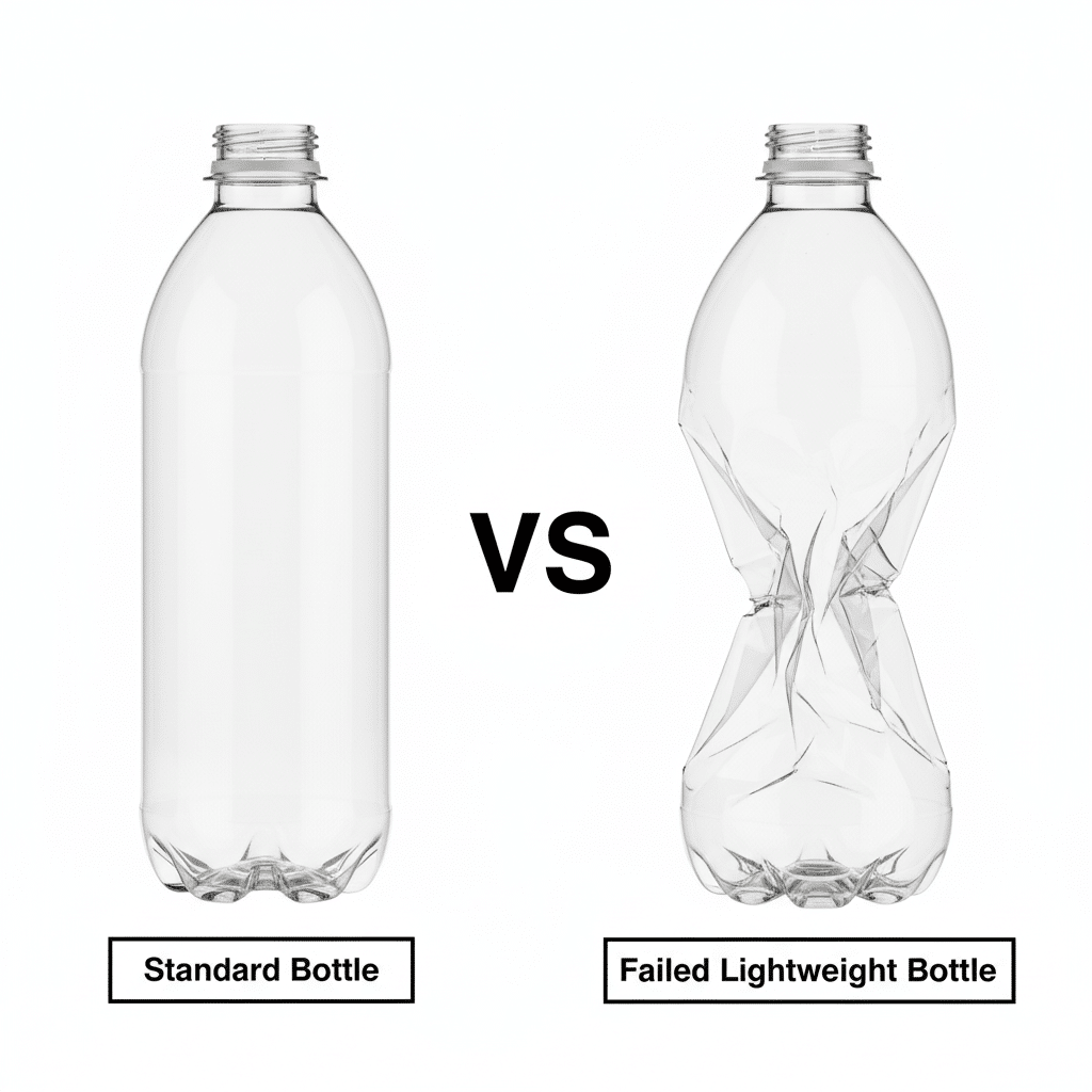 A Side-By-Side Comparison Of A Standard Bottle And A Failed, Lightweighted Bottle.