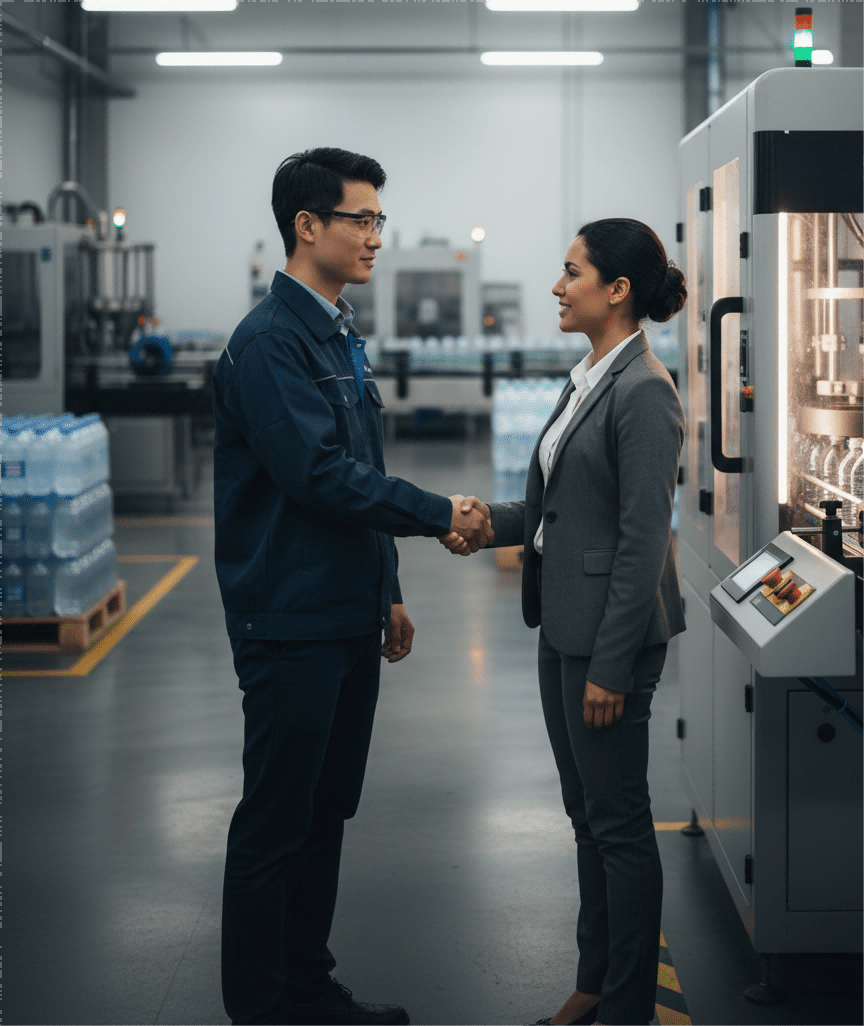 An Engineer And Client Shaking Hands In A Factory