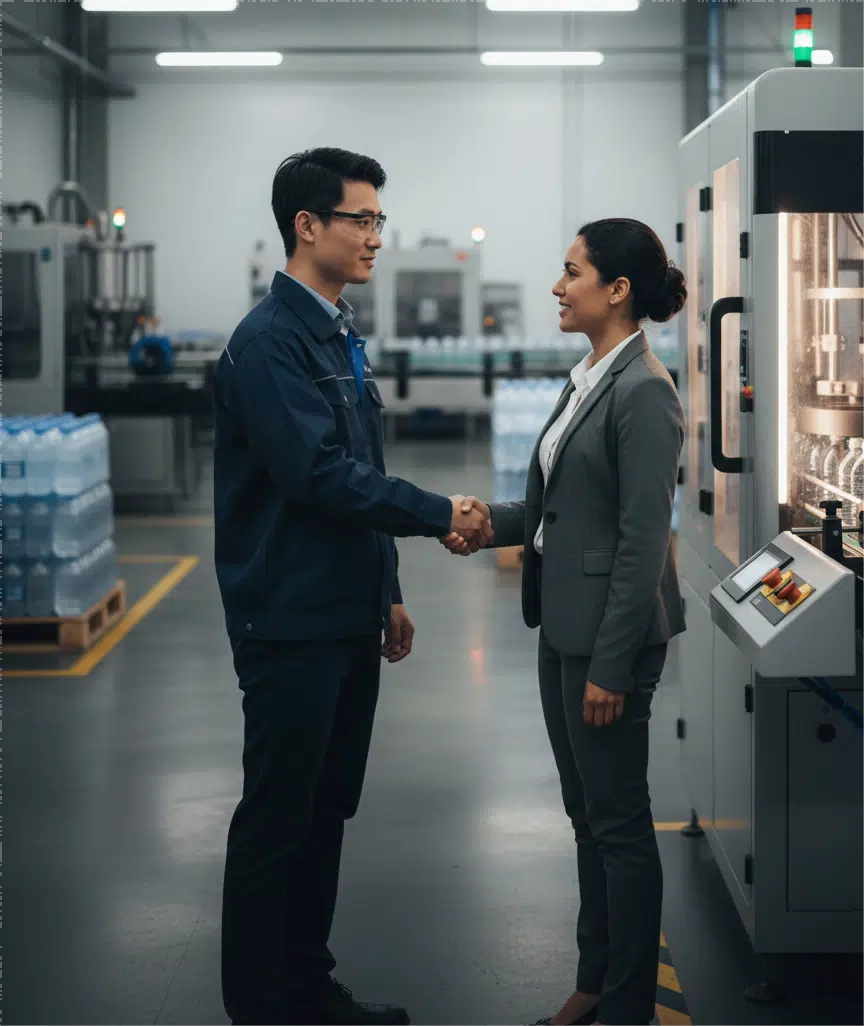 An Engineer And Client Shaking Hands In A Factory