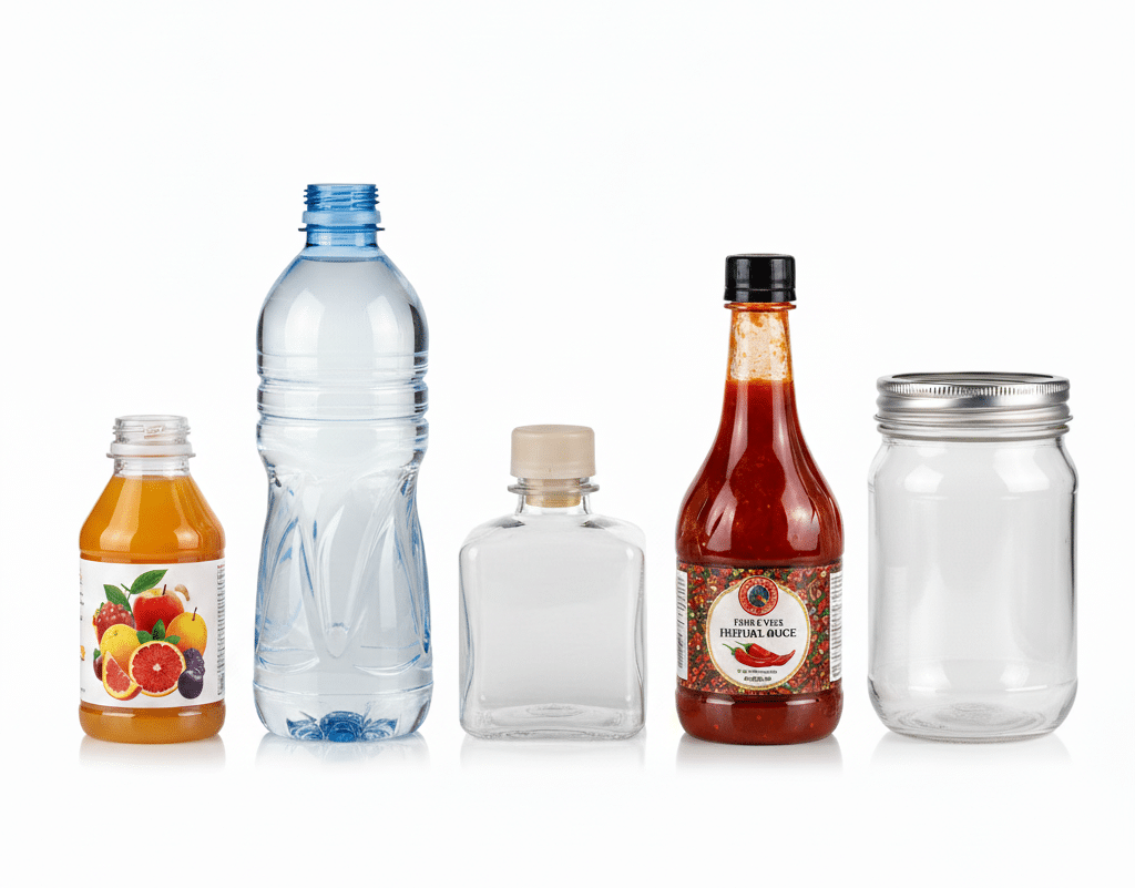A Display Of Various Pet Bottle Shapes And Sizes