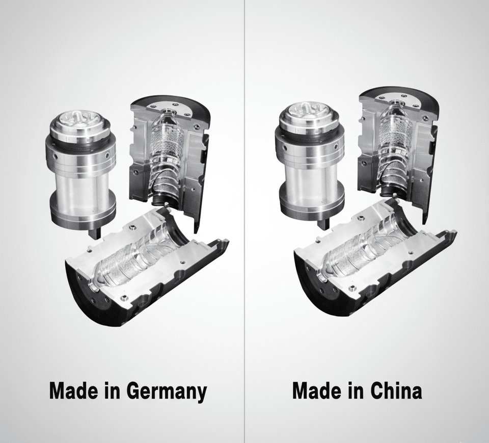 A Side-By-Side Photo Of Two Identical, High-Precision Blow Mold Halves. One Is Labeled &Quot;Made In Germany,&Quot; The Other &Quot;Made In China.&Quot; They Are Visually Indistinguishable.