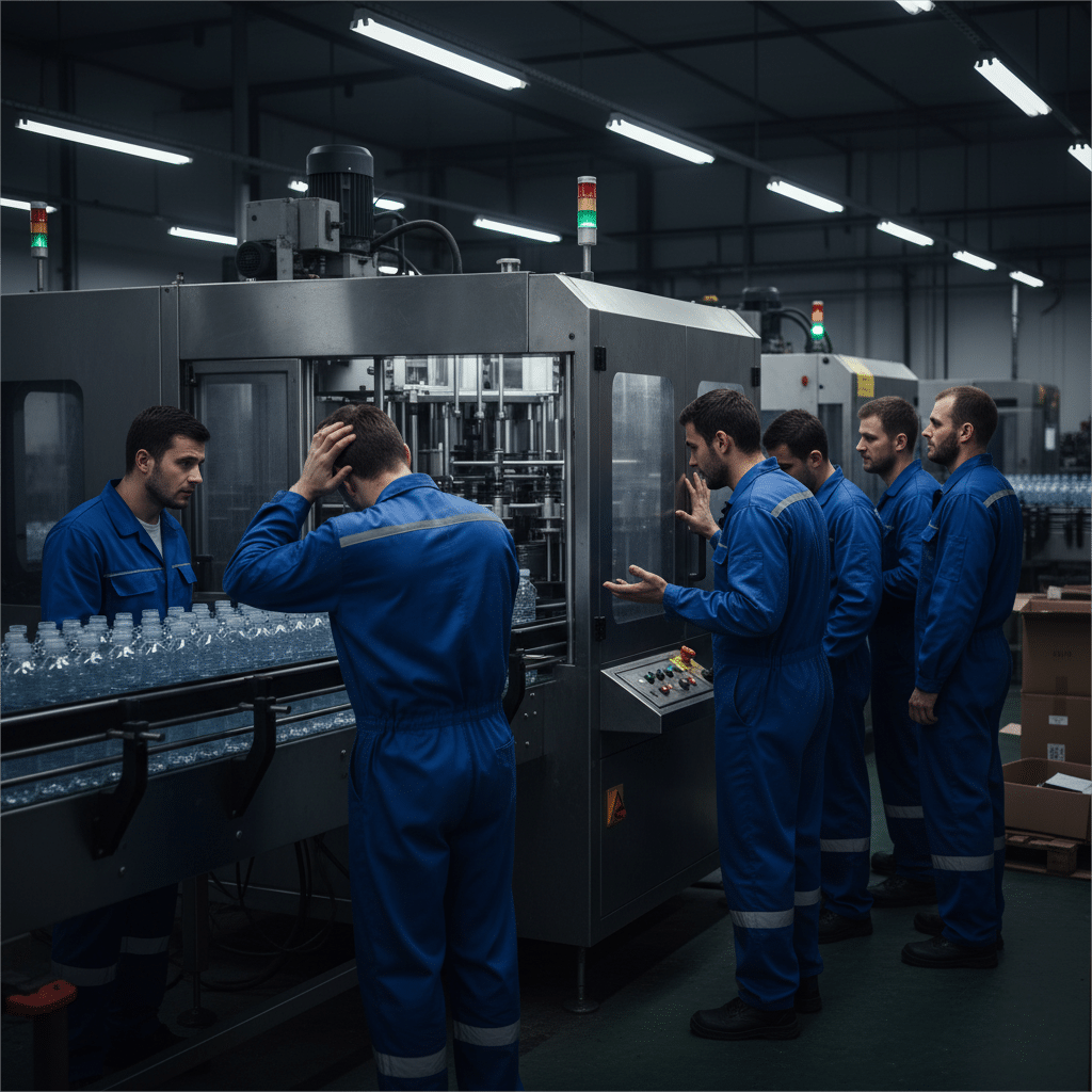 A Production Line At A Complete Standstill, With Workers Looking On Helplessly.