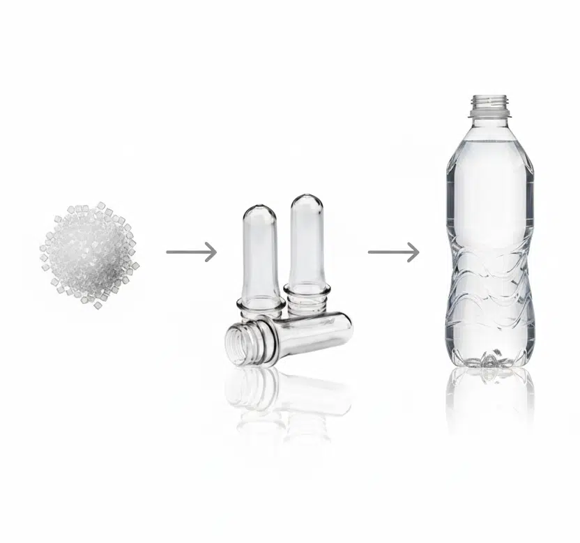 Pet Resin Pellets Next To A Clear Pet Bottle