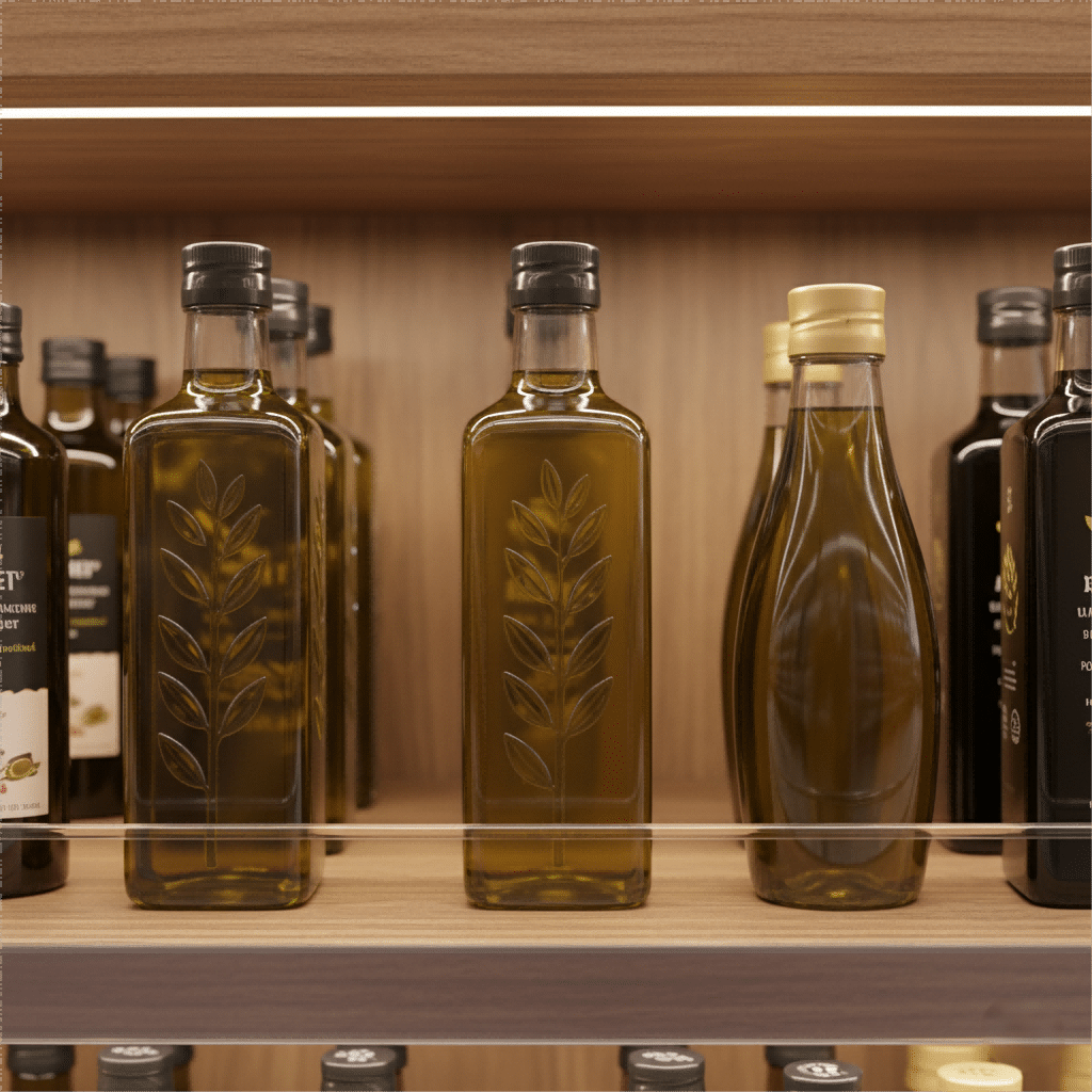 Premium Olive Oil In Custom Pet Bottles On A Shelf