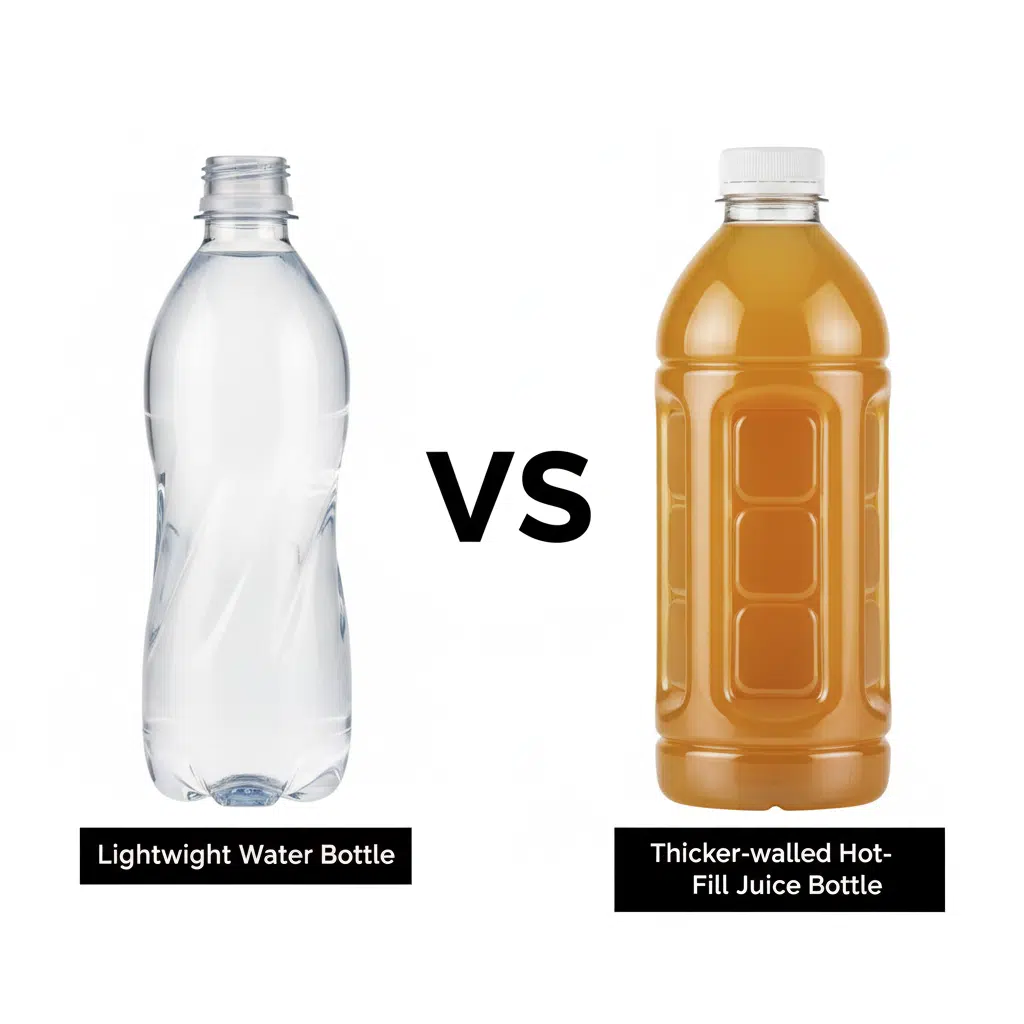 A Side-By-Side Comparison Of A Lightweight Water Bottle And A Thicker-Walled Hot-Fill Juice Bottle.