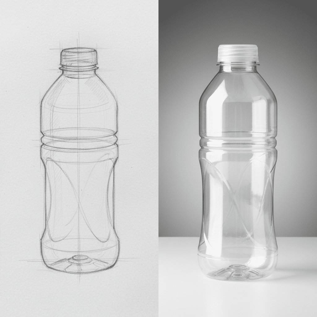 A Collage Showing A Creative Bottle Design Sketch Next To A Technical Mold Blueprint.
