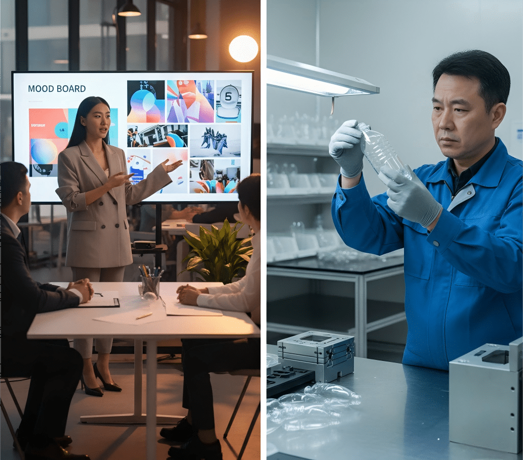 An Ad Agency Creative Presenting A Mood Board Vs. An Engineer Examining A Pet Preform.