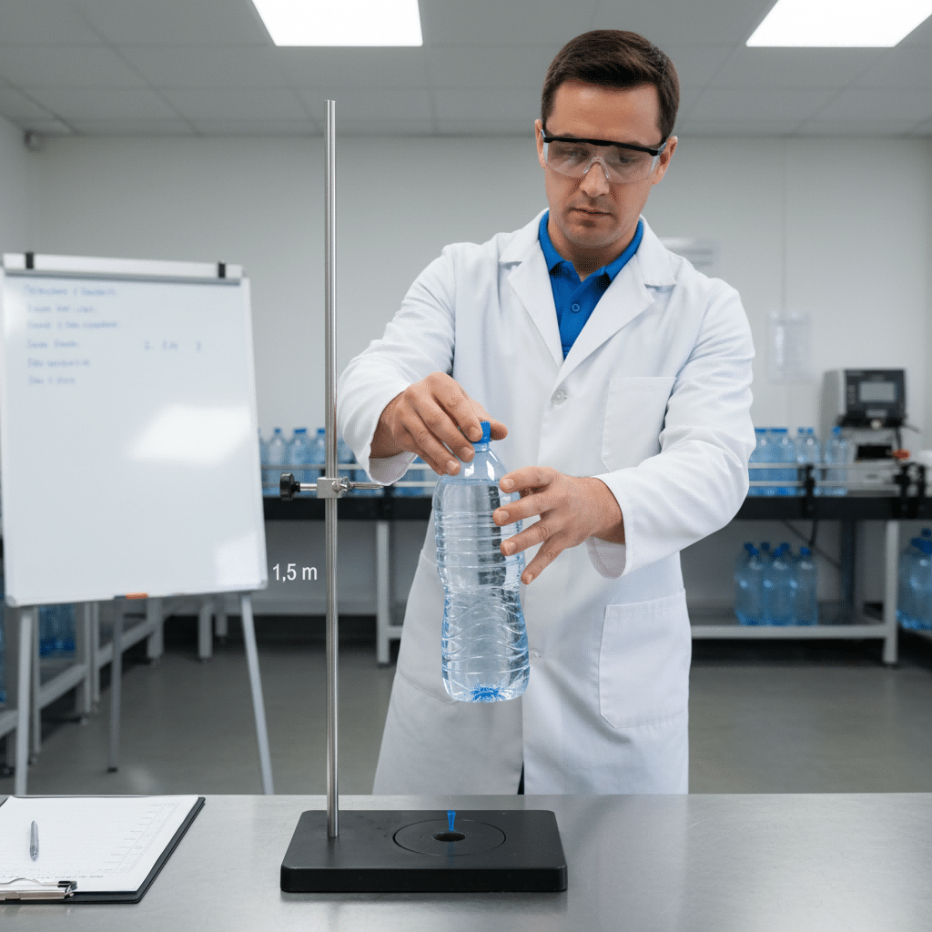 A Quality Control Technician Performing A Standardized Drop Test On A Water-Filled Pet Bottle From A Specific Height.