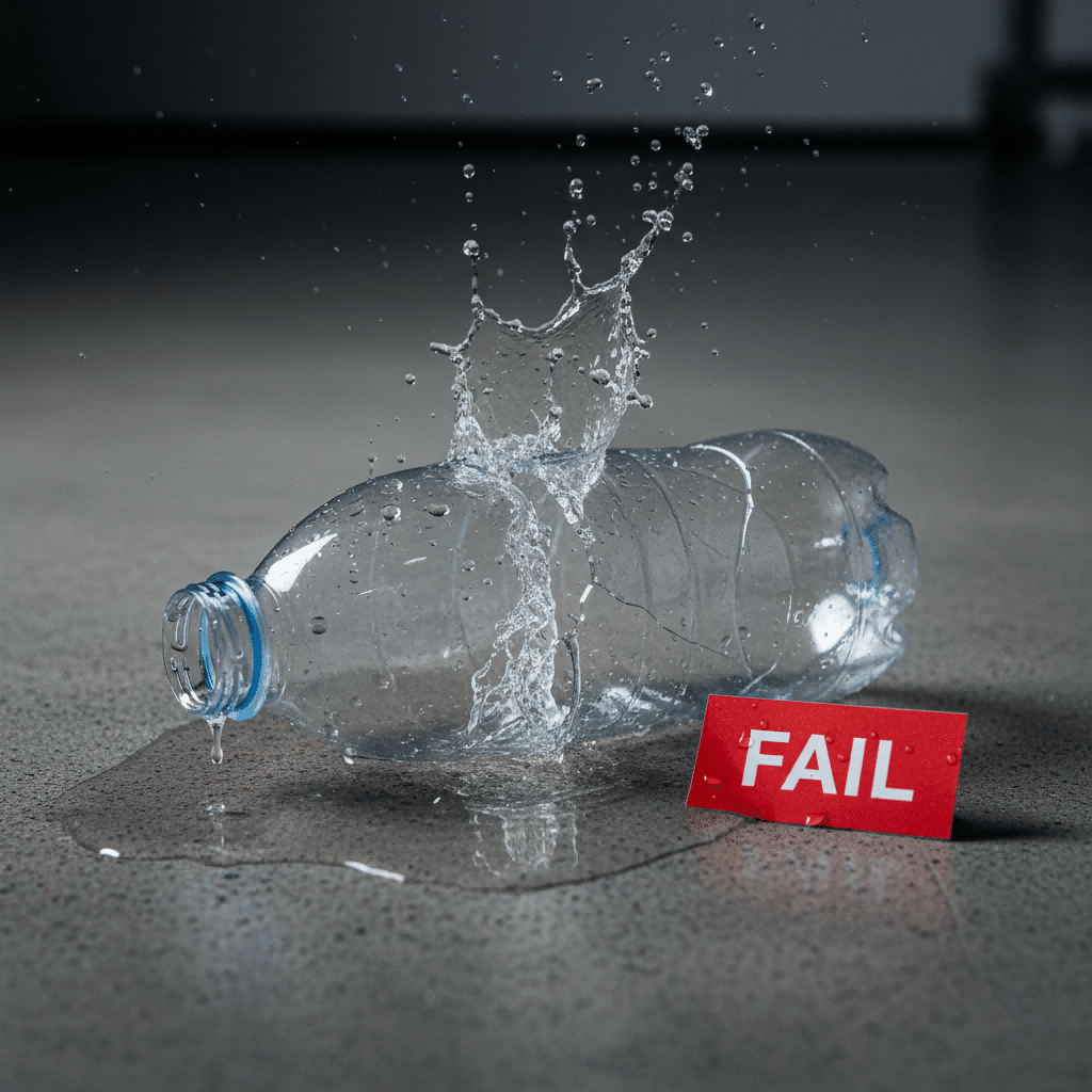 A Pet Bottle That Has Cracked Upon Impact After A Drop Test, With Liquid Spilling Out.