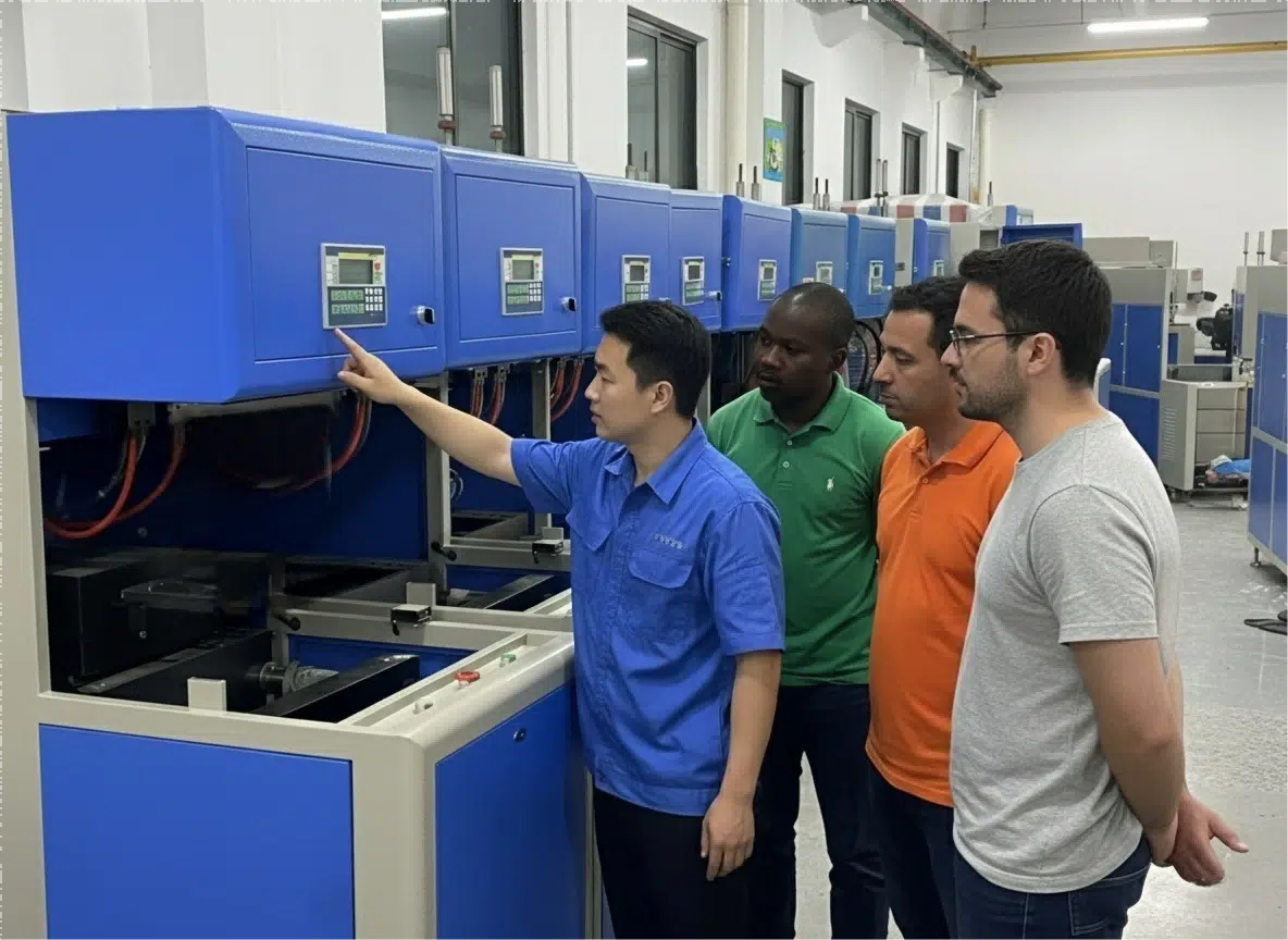 A Consultant (Me) Talking To A Client And Pointing At A Semi-Auto Machine
