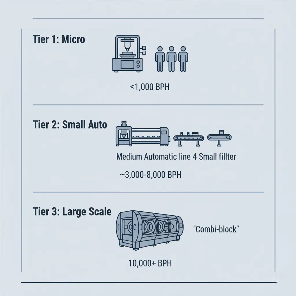 Three Different Sizes Of Water Bottling Lines, Small, Medium, Large