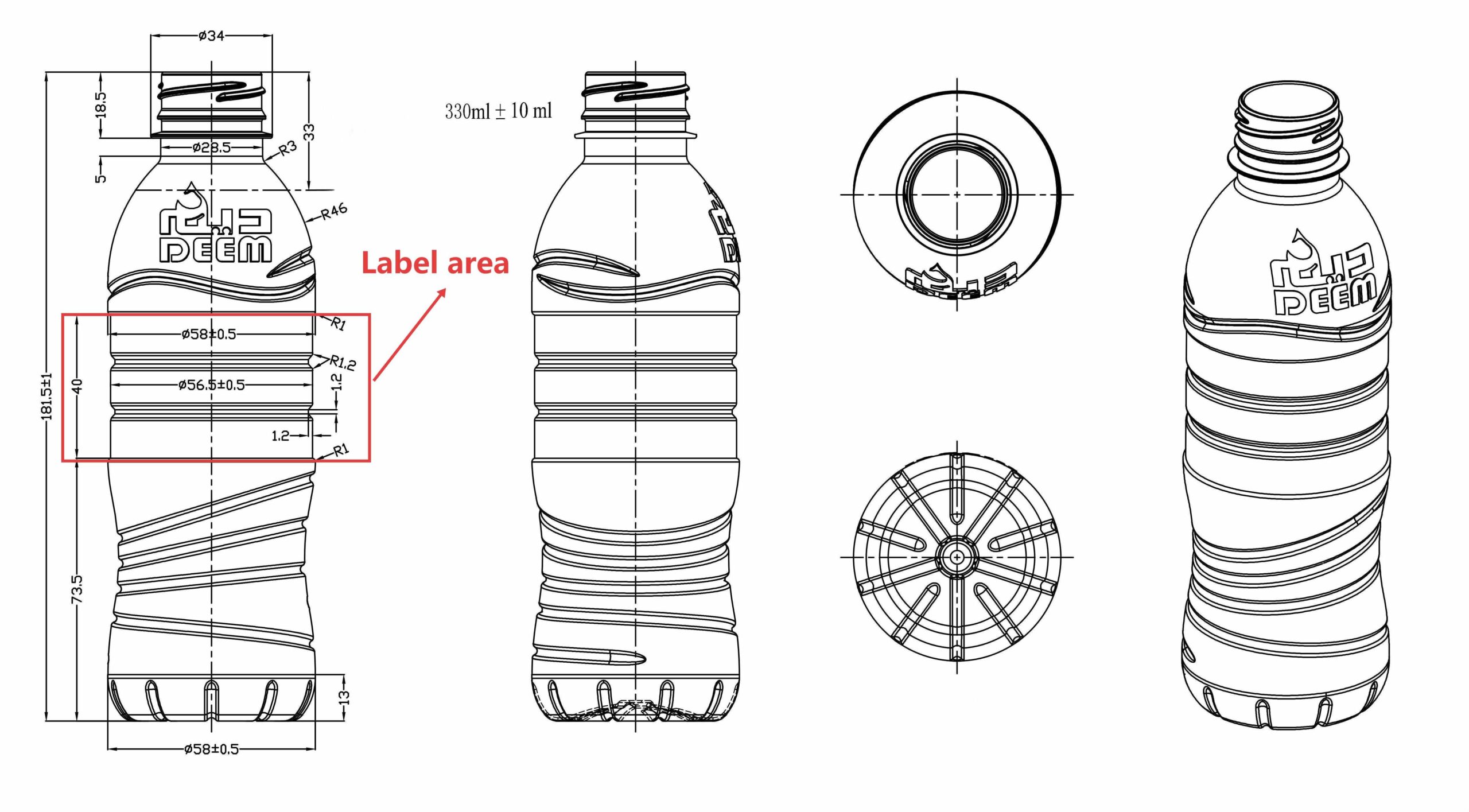 A Technical 2D Drawing Of A Pet Bottle Showing The Label Area Dimensions