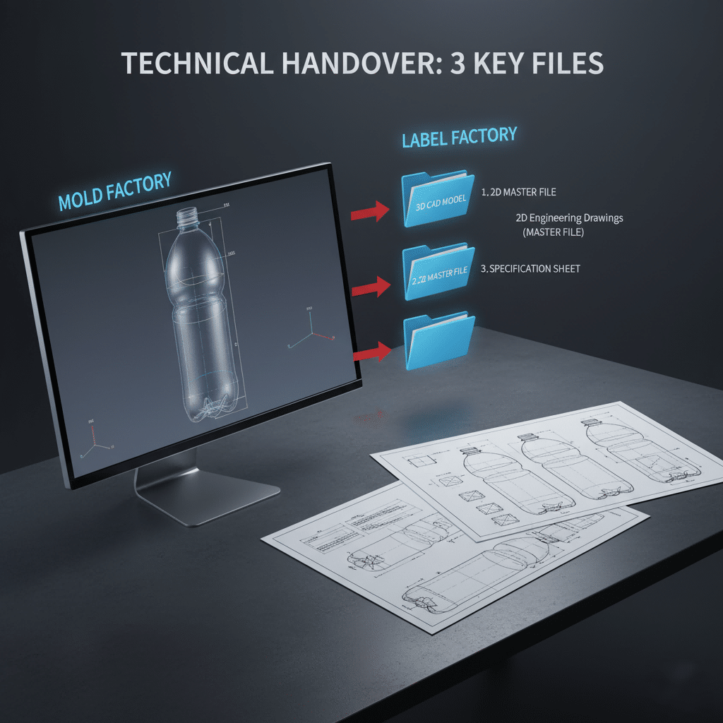 A 3D Model Of A Bottle Next To A 2D Engineering Drawing