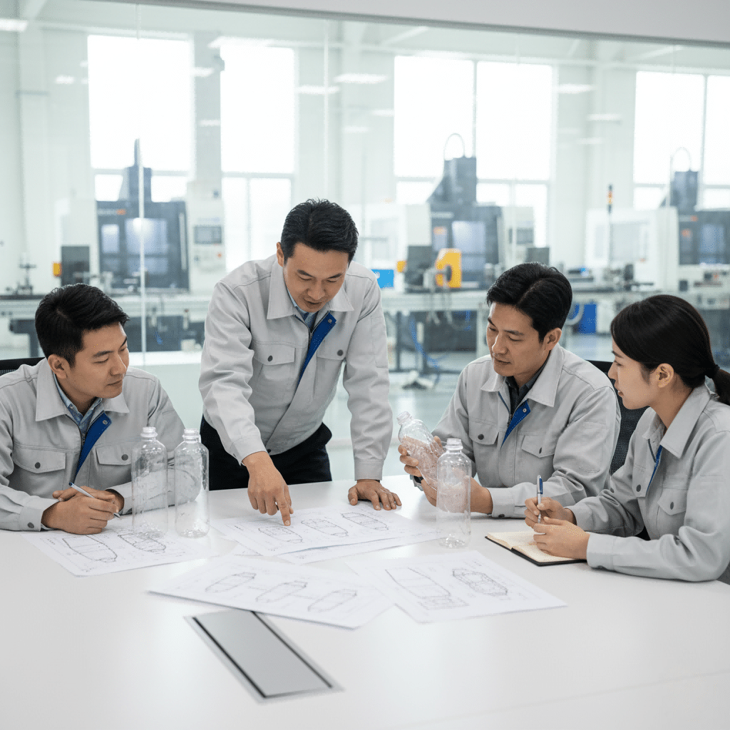 Photo Of The Ibottler Factory Team A Meeting, Looking At Bottle Drawings