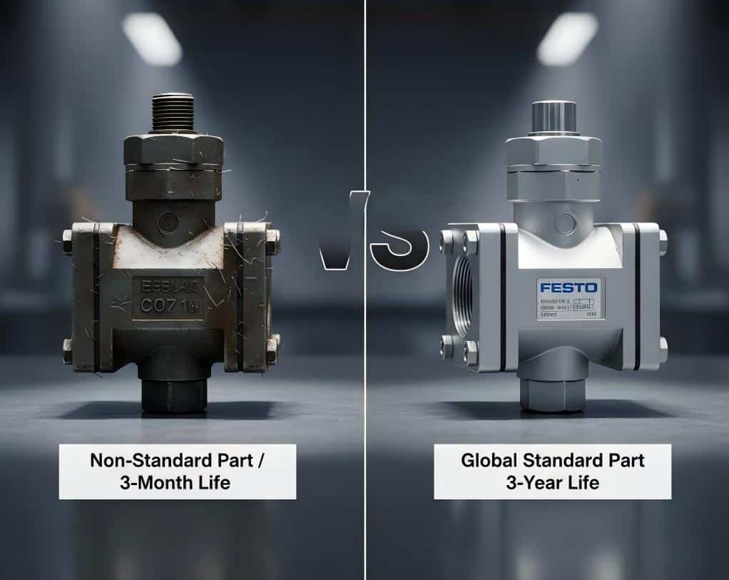 Side-By-Side Comparison Of A Low-Quality 'Non-Standard' Air Valve And A High-Quality 'Festo/Smc' Standard Valve