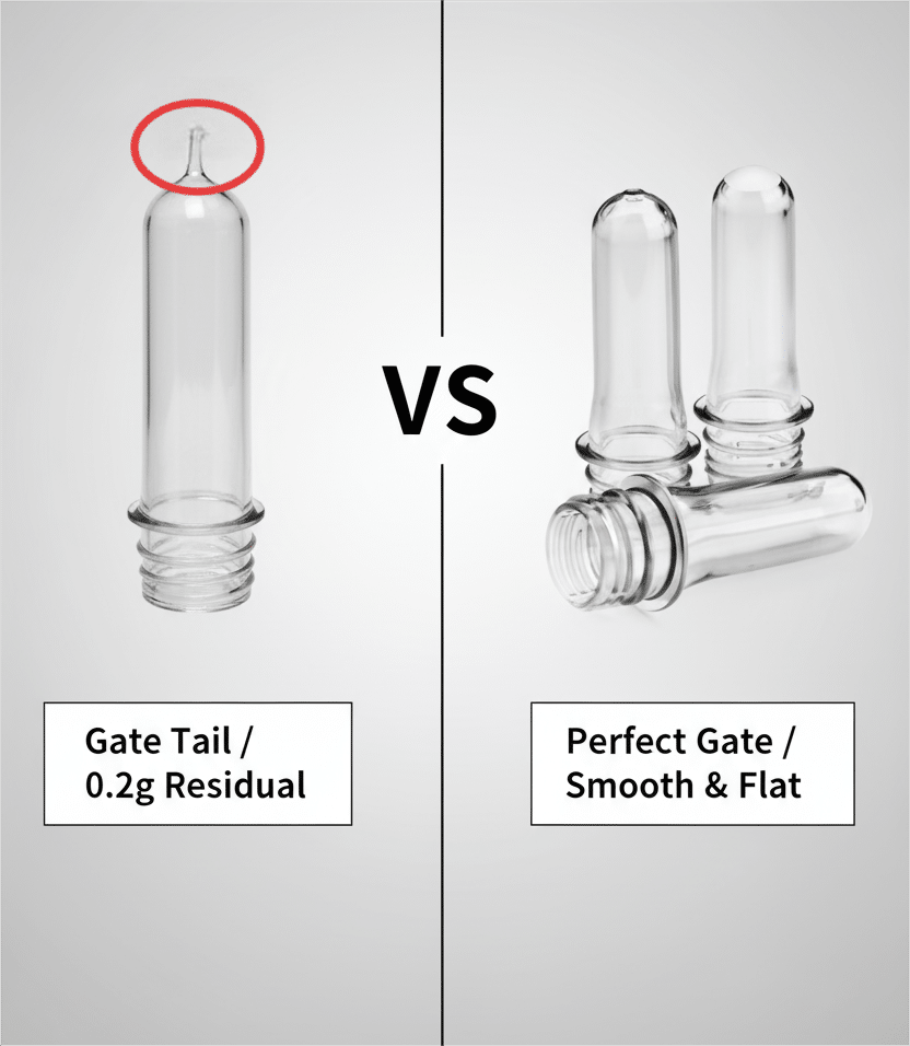 Alt Text: A Preform With A 0.2G Tail Next To A Perfect Valve-Gate Preform With A Flat Gate