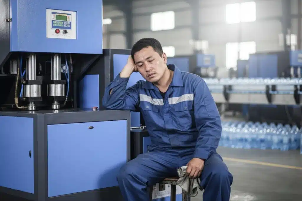 A Worker Looking Tired Next To A Semi-Automatic Blowing Machine